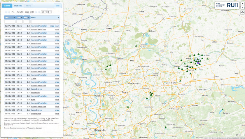 Map with seismic stations and recent events